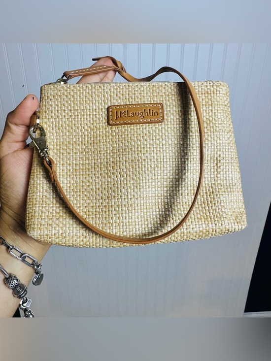J. McLaughlin Handbags - J. McLaughlin Small clutch or wristlet woven straw Leather patch Logo Zipper